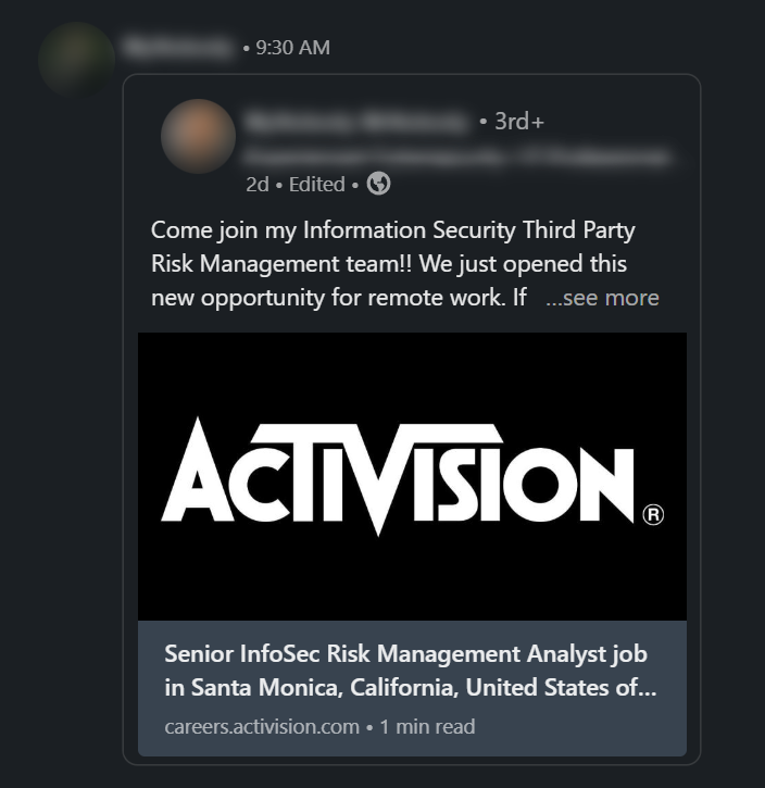 Activision vacancy LinkedIn