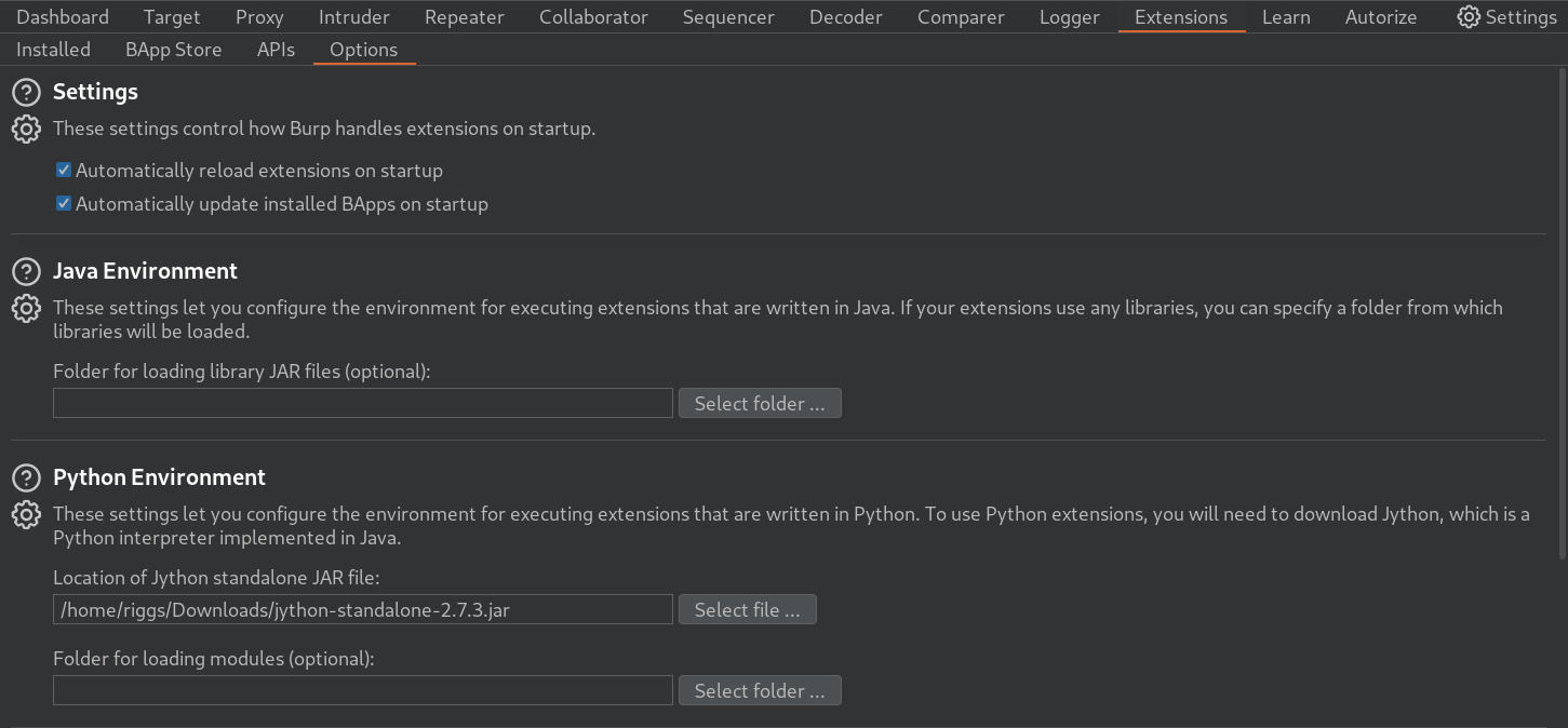 Burp Python Environment path